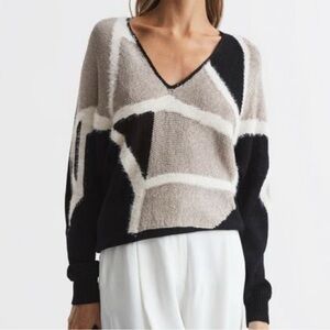 Reiss Madeline Metallic Spliced Pattern Sweater Size XL NWT black gold